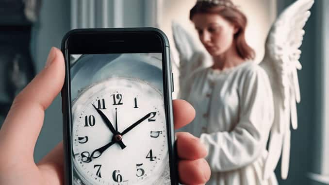 Engelszahlen als Symbolbild: Smartphone mit analoger Uhr und Engelgestalt im Hintergrund