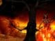 Furien als modernes Symbolbild: gehörnte Frau vor Feuer und dunklem Baum