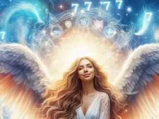 Engelszahl 7777 als Fantasieillustration: geflügelte Frau vor leuchtenden Siebenen
