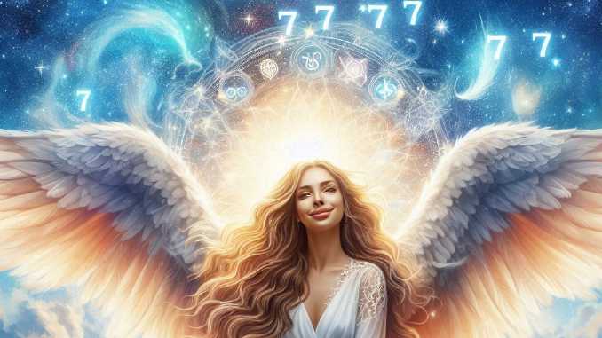 Engelszahl 7777 als Fantasieillustration: geflügelte Frau vor leuchtenden Siebenen
