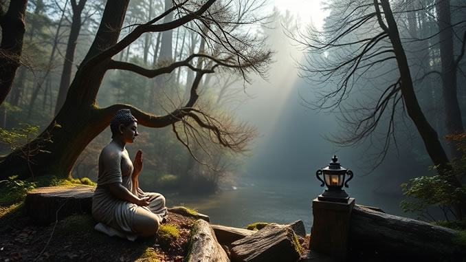 Altwerden und Tod: Meditierende Figur am Fluss in nebliger Waldlandschaft