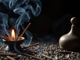 Weihrauch-Illustration mit Räucherstäbchen, Flamme und aufsteigendem Rauch