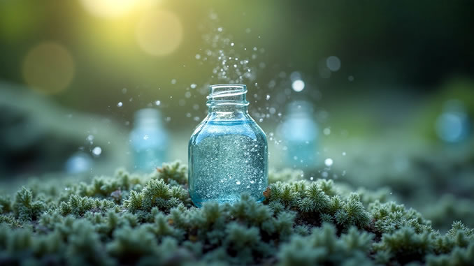 Lebendiges Wasser im Glas steht auf Moss