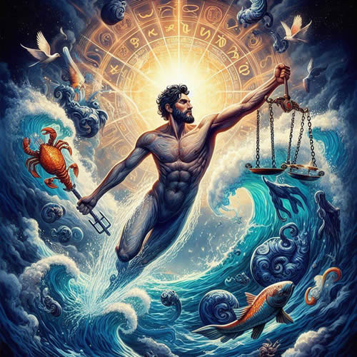 Wassermann Aszendent Waage – Fantasieillustration mit Waage und Wellen Wassermann Aszendent Waage: Fantasiegestalt mit einer Waage und einem Dreizack vor Wellen und einem Tierkreis
