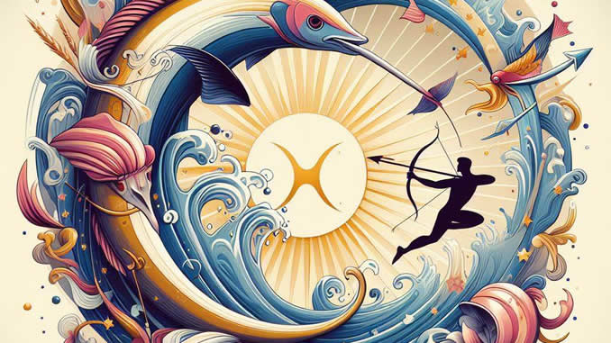 Fische Aszendent Schütze – Illustration mit Fischen, Tierkreis und Bogenschützen