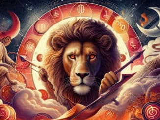 Zwilling Aszendent Löwe – Löwenkopf und Figuren in einer farbigen Tierkreisillustration