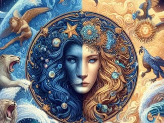 Wassermann Aszendent Löwe – astrologische Illustration mit Gesicht und Tierkreis
