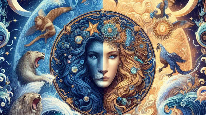 Wassermann Aszendent Löwe – astrologische Illustration mit Gesicht und Tierkreis