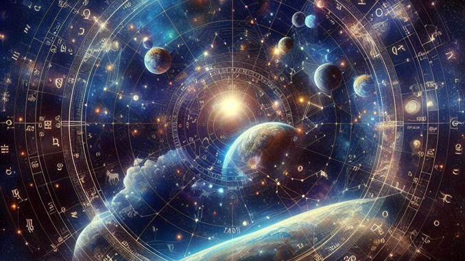 Wassermann Aszendent Steinbock: astrologisches Symbolbild mit Planeten und Tierkreisringen