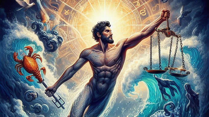 Wassermann Aszendent Waage: Fantasiegestalt mit einer Waage und einem Dreizack vor Wellen und einem Tierkreis