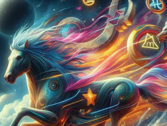 Zwilling Aszendent Schütze: Fantasieillustration eines bunten Pferdes mit Sternen, Planet und drachenartigem Kopf