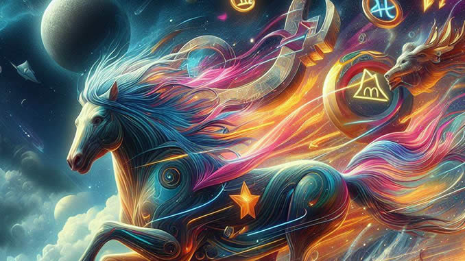Zwilling Aszendent Schütze – buntes Pferd in einer kosmischen Fantasieszene Zwilling Aszendent Schütze: Fantasieillustration eines bunten Pferdes mit Sternen, Planet und drachenartigem Kopf