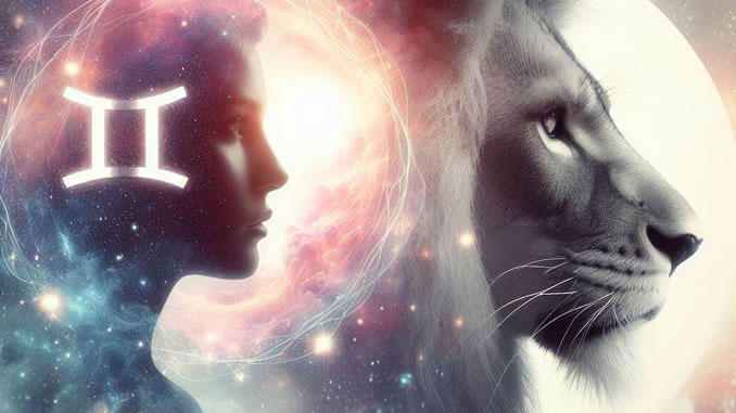 Zwillinge Aszendent Löwe – Menschenprofil, Zwillingszeichen und Löwenkopf vor kosmischem Hintergrund