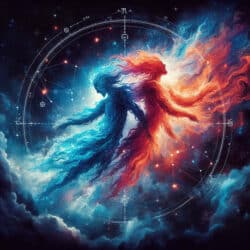 Wassermann Aszendent Schütze: blaue und orangefarbene Gestalten vor einem astrologischen Kreis