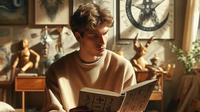 Waage Aszendent Steinbock: Illustration eines Mannes beim Lesen in einem Arbeitszimmer