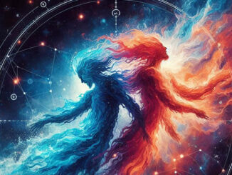 Wassermann Aszendent Schütze: blaue und orangefarbene Gestalten vor einem astrologischen Kreis