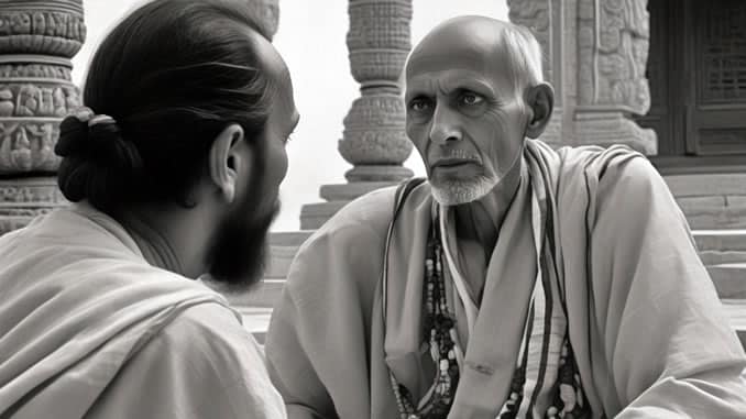 Guru-Falle Suchender spricht mit einem Guru im intensiven Gespräch