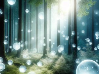 Fantasiedarstellung von Orbs als Lichtkugeln in einem Wald – KI-Illustration