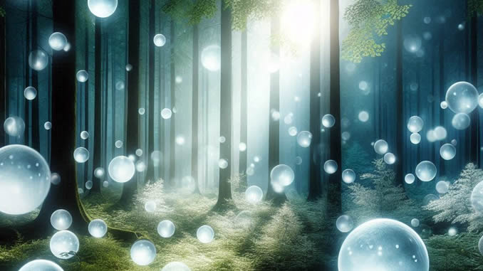 Fantasiedarstellung von Orbs als Lichtkugeln in einem Wald – KI-Illustration