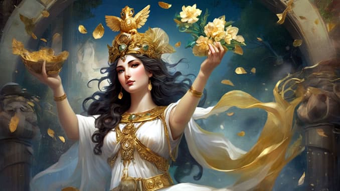 Göttin des Glücks Fortuna verteilt Blumen
