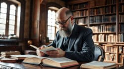 Bewusstsein mit Frequenzen gestalten Diskrete Logik Gelehrter mit Brille und Bart liest ein Buch