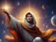 Symbolische Darstellung von Giordano Bruno mit erhobener Hand zwischen Sternen und Planeten