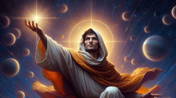 Symbolische Darstellung von Giordano Bruno mit erhobener Hand zwischen Sternen und Planeten