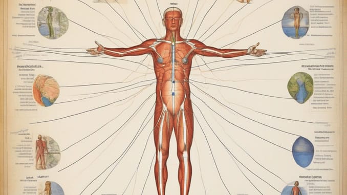Symbolische Körperdarstellung mit roten Linien zum Thema Meridiane; keine anatomische Lehrtafel