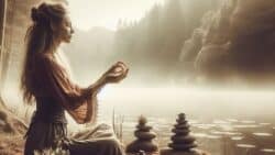Evolution der Seele aus der Sicht des Sanatana Dharma Frau am Fluss die sich mit Heilenergie beschaeftigt