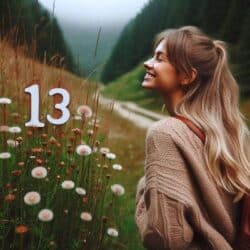 Hintergrund der Zahl 13 glueckliche Frau in der Natur mit der Zahl 13