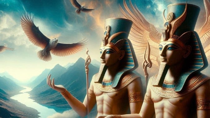 Ägyptische Götter als KI-Illustration mit pharaonenartigen Figuren und Falken