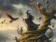 12 Archetypen: Magier mit Stab auf einem verschlungenen Baum vor einem fliegenden Vogel