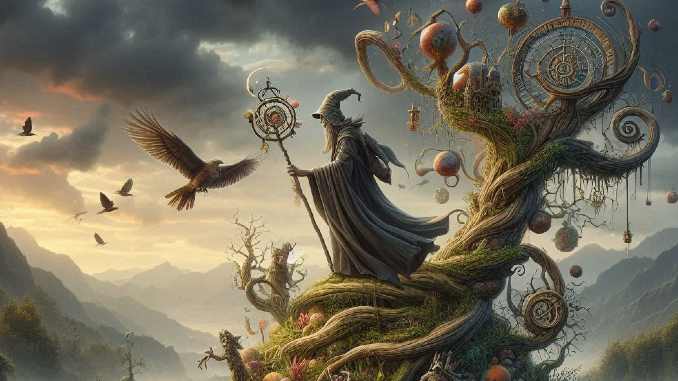 12 Archetypen: Magier mit Stab auf einem verschlungenen Baum vor einem fliegenden Vogel