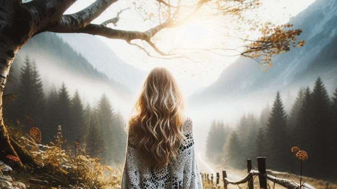 Frau von hinten in der Natur, die mit Liebe Probleme überwindet und voller Hingabe ihren Lebensweg geht