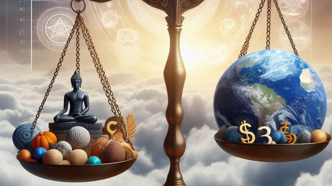 Waagschale mit spirituellen und ökonomischen Werten