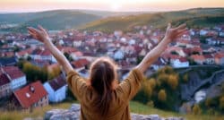 bewusst Reisen Seitenbild Frau streckt freudig die Arme im Sonnenuntergang aus