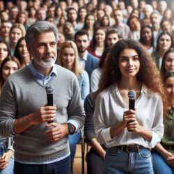 Politische Verantwortung und Mitbestimmung Mann und eine Frau sprechen vor einer Mnschengruppe