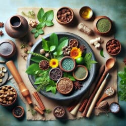 Hormone in Balance mit bewusster Ernährung Ayurveda und Gewürze in einer Schale