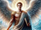Erzengel Uriel als geflügelte Gestalt mit Buch und goldenem Licht – symbolische Darstellung