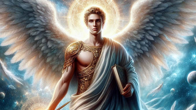 Erzengel Uriel als geflügelte Gestalt mit Buch und goldenem Licht – symbolische Darstellung