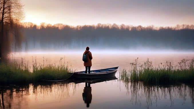 Person am ruhigen Seeufer bei Sonnenuntergang als Illustration spiritueller Reisen