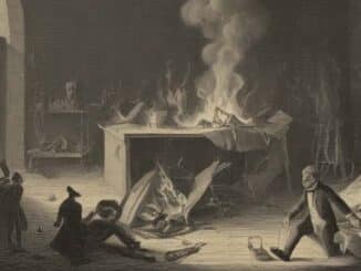 Illustration zur Geschichte der Hölle: Menschen, Bücher und Feuer in einem historischen Innenraum
