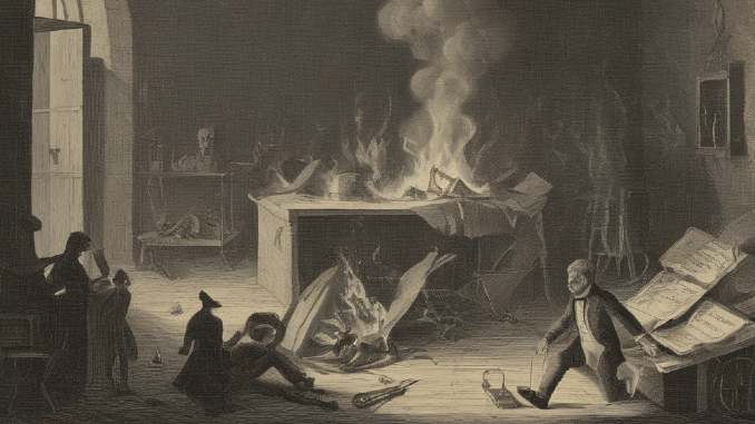Illustration zur Geschichte der Hölle: Menschen, Bücher und Feuer in einem historischen Innenraum