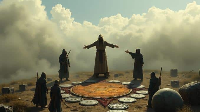Symbolbild zu Dämonen: verhüllte Figuren um einen rituellen Steinkreis