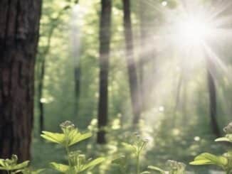 Natur und Gesundheit: Sonnenstrahlen zwischen grünen Waldbäumen