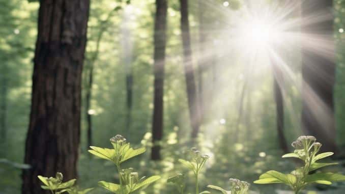 Natur und Gesundheit: Sonnenstrahlen zwischen grünen Waldbäumen
