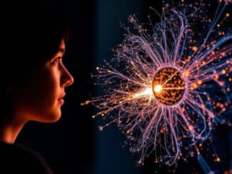 Herzenergie: symbolische Illustration einer Frau vor einem leuchtenden Lichtmuster