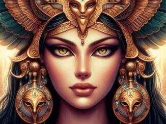 Hathor in einer goldfarbenen Fantasieillustration mit ägyptisch inspiriertem Kopfschmuck