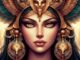 Hathor in einer goldfarbenen Fantasieillustration mit ägyptisch inspiriertem Kopfschmuck