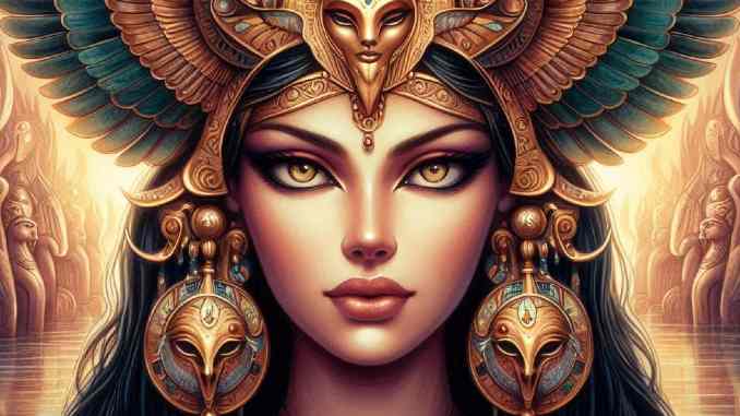 Hathor in einer goldfarbenen Fantasieillustration mit ägyptisch inspiriertem Kopfschmuck
